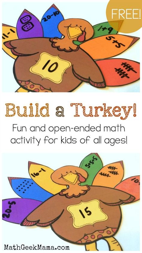 This fun, Thanksgiving themed math activity is such a great way to get kids thinking about numbers! The possibilities are endless so this can be used with kids of any age! Build A Turkey, Easy Math Games, Turkey Math, November Math, Fall Math Activities, Thanksgiving Math Activities, Thanksgiving School, Number Sense Activities, Thanksgiving Math