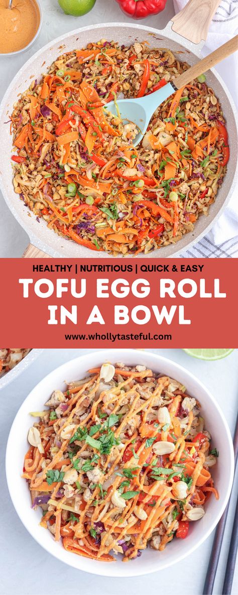 Turn tofu into something delicious with this Tofu Egg Roll in a Bowl. Made with tons of veggies, this dish is made with crumbled tofu and spicy sriracha mayon sauce. Great for an easy weeknight dinner or a no-fuss lunch. Tofu Egg Roll In A Bowl, Tofu Egg Rolls, Sriracha Mayo Sauce, Crumbled Tofu, Vegan Egg Rolls, Tofu Noodles, Eggroll In A Bowl, Egg Roll In A Bowl, Mayo Sauce