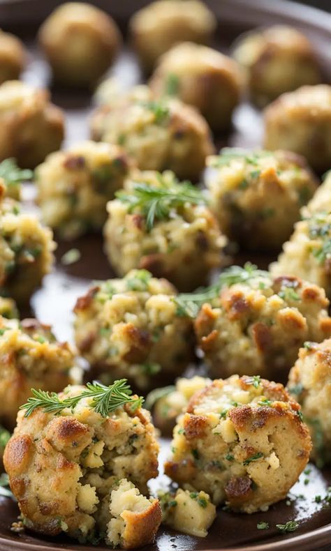 Stuffing Balls Vegetarian, Cornbread Stuffing Balls Recipe, Homemade Stuffing Balls, Turkey Stuffing Balls Recipe, Stuffing Appetizer Recipes, Stuffing Balls Recipe Stove Top, Stuffing Appetizer, Stuffing Bites, Stuffing Balls Recipe