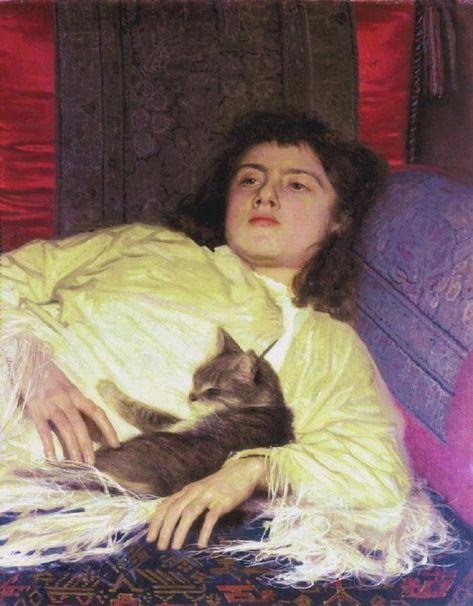 Girl with a Cat | Ivan Kramskoi-Reminds me of myself and my cat! Ivan Kramskoy, She And Her Cat, Piskel Art, رورونوا زورو, Istoria Artei, Rennaissance Art, Russian Painting, Classic Paintings, A4 Poster