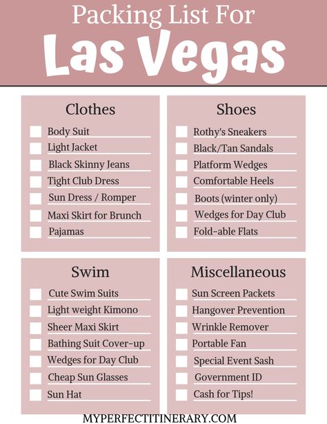 The ULTIMATE Vegas Packing List - A Local's Guide! Vegas Checklist Packing Lists, Vegas Trip Packing List, Outfits For Vegas In September, Pack For Vegas Summer, Las Vegas Packing List Spring, Vegas Packing List Fall, Packing For Vegas Summer, Vegas Packing List Winter, Las Vegas Packing List Winter