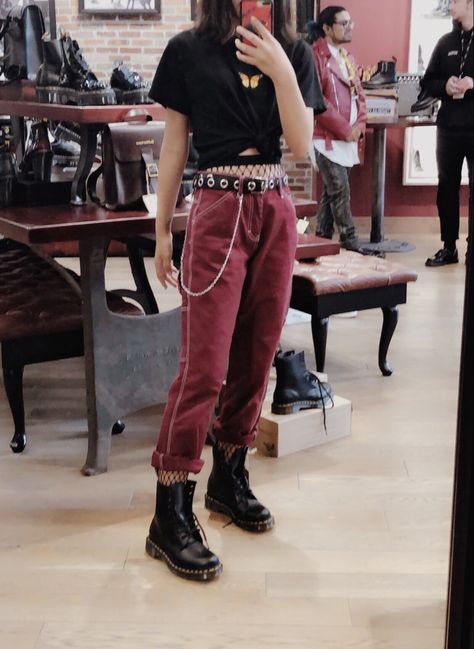 Burgundy Pants Outfit, Heart Dice, Eyelet Belt, Doc Martens Outfits, Burgundy Pants, Alternative Grunge, Butterfly Top, Fishnet Tights, Carpenter Pants