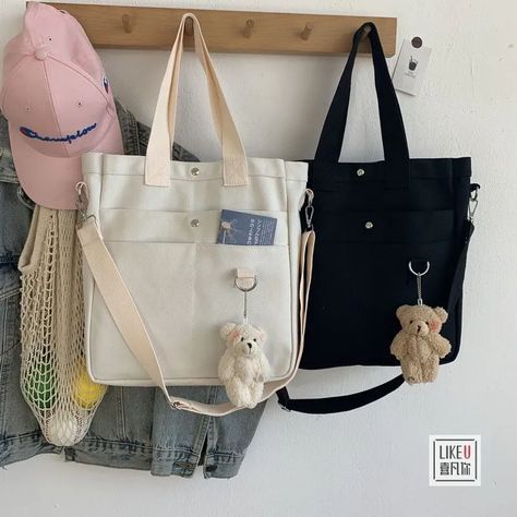 Plain Canvas Tote Bag, Korean Bags, Desain Tote Bag, Plain Canvas, Casual Tote Bag, Books Art, Canvas Messenger Bag, Go To School, Canvas Crossbody Bag