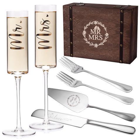 PRICES MAY VARY. Celebrate your special day with elegance and cherish the memories forever with our Keepsake Memorial Wooden Box Gift Set. This exquisite set includes:Crystal Mr Mrs champagne flutes,personalized wedding cake knife and server set,unique wedding keepsake box.This wedding set is truly unique on Amazon, both in terms of product combination and quality control. Mr Mrs Toasting Champagne Flutes:Indulge in luxury with our exquisite "MR" and "MRS" champagne flutes. These stunning glasse Unique Wedding Gifts For Bride And Groom Creative, Unique Wedding Keepsakes, Wedding Cake Knife And Server, Engraved Cake Server, Wedding Keepsake Box, Wooden Box Designs, Champagne Toasting Flutes, Wedding Cake Knife, Bride And Groom Glasses