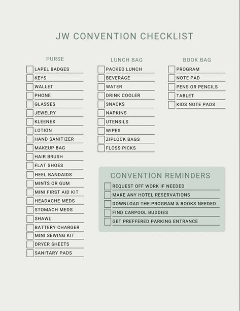 Make sure you have everything ready for the upcoming regional convention of Jehovah’s Witnesses. JW checklist! Jw Go Bag List, Jw Ministry Ideas Public Witnessing, Jw Assembly Lunch Ideas, Spiritual Goals Jw, Convention Lunch Ideas Jw, Special Convention Jw, Jw Presentations, Jw Outfits Convention, Jw International Convention Gifts Ideas