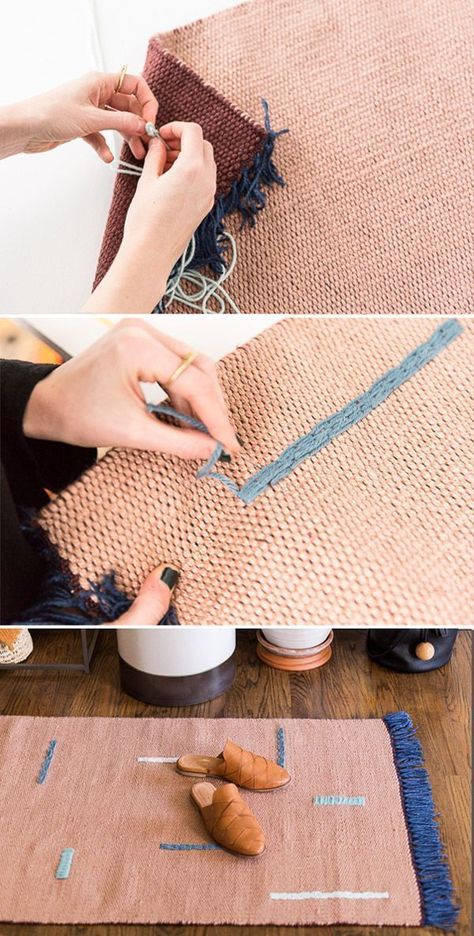 How to customize a plain rug with 2 different embroidery techniques (DIY). #rug #diyrug #entryway #neutrals Plain Rug, Diy Outdoor Lighting, Diy Techniques, Embroidery Diy, Plain Rugs, A Rug, Decoration Originale, 자수 디자인, Diy Rug