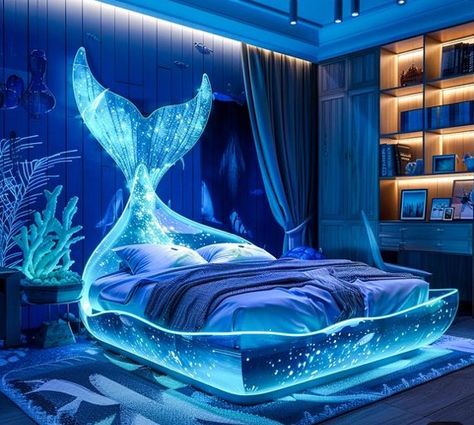 Ocean Loft Bed, Ocean Themed Bed Frame, Glowing Ocean, Ocean Bed, Mermaid Bedroom Fantasy Art, Shark Bed Set, Ocean Room Decor, Ocean Themed Bedroom, Cool Room Designs