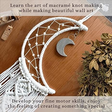 EDUCATIONAL – Learn the art of knotting macramé while weaving a magical crescent moon dreamcatcher CHALLENGING & SATISFYING – develop your fine motor skills, spatial awareness and build your confidence HOME DÉCOR – Enhance your mood by adding a tranquil soothing bohemian touch to any living space GIFT IDEA – memorable gift for birthday, housewarming, baby shower for a friend who loves creating MINDFULNESS – Life is busy, slow down, relax your body, mind and soul with this ancient meditative art Moon Dreamcatcher Diy, Crescent Moon Dreamcatcher, Dreamcatcher Diy, Bohemian Style Home, Plastic Party Plates, Moon Dreamcatcher, Art Projects For Teens, Diy Craft Kit, Handmade Dreamcatcher