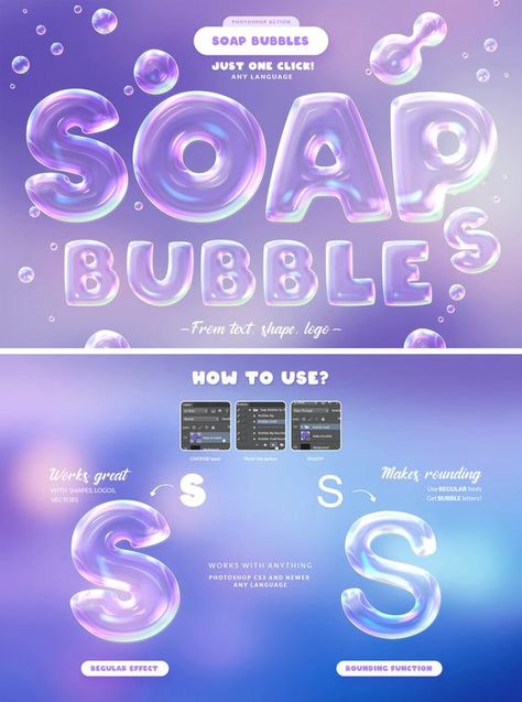 Soap Bubbles Photoshop Action Fonts In Canva Aesthetic, Bubble Effect Photoshop, Bubbly Font Canva, Bubble Letters Illustrator, Logo With Character Design, Photoshop Aesthetic Ideas, Bubble Poster Design, Bubble Graphic Design Poster, Photoshop Aesthetic Tutorial