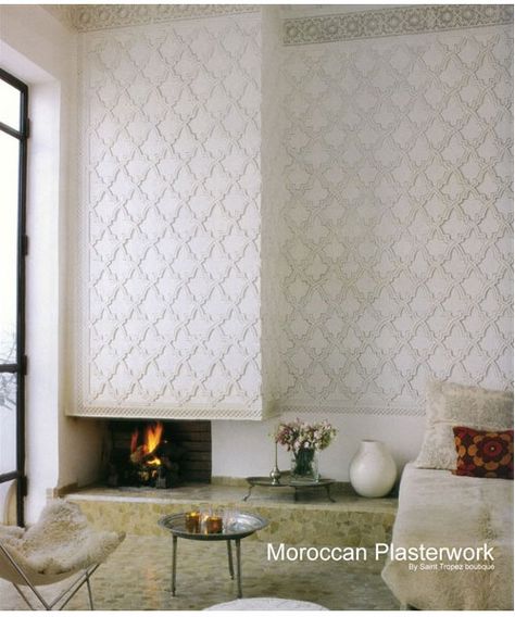 Textured Fireplace Morrocon Interiors Tiles, Morrocon Interiors, Moroccan Tile Fireplace, Moroccan Plaster, Islamic Interior Design, House Fireplace, Wood Lattice, Tile Moroccan, Moroccan Houses