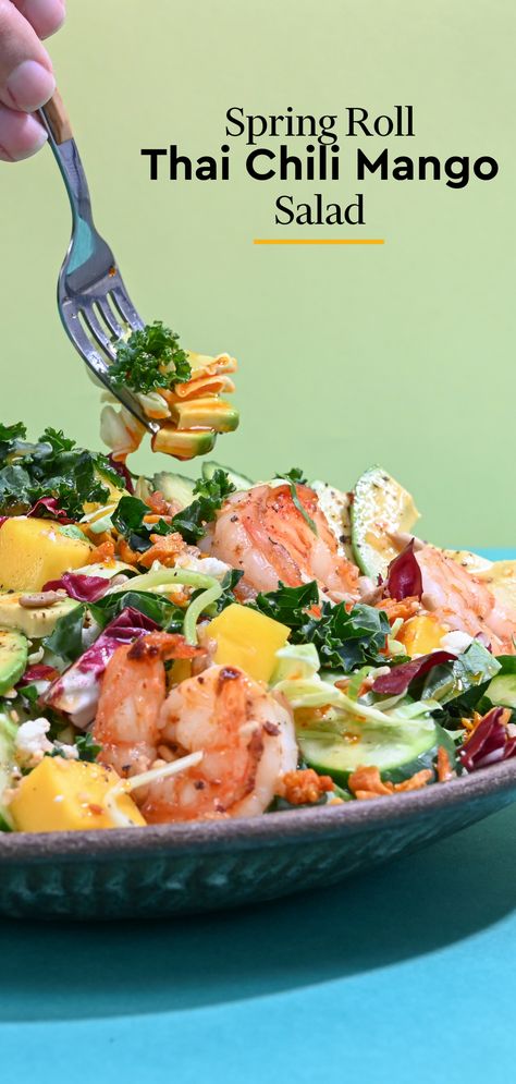 Bring a little heat with our Thai Chili Mango Salad. Add some avocado to cut the heat with some creaminess and shrimp for a little more protein action. The flavor of the sea pairs perfectly with the Thai flavors. You'll love this spring roll inspired salad any night of the week or you can easily whip it up for lunch. #TaylorToYourTastes Spring Roll Salad, Mango Salad Recipe, Thai Flavors, Thai Spring Rolls, Salad Kit, Chili Mango, Thai Chili, Salad Kits, Whip It