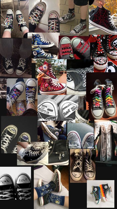 By @4c3k4tzz (SHATTERED.POSSUM) Doodle Shoes, Diy Converse, Cute Converse Shoes, Converse Design, Converse Aesthetic, Custom Sneakers Diy, Cute Converse, Painted Canvas Shoes, Custom Shoes Diy