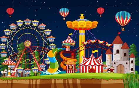 Amusement park scene at night with ballo... | Free Vector #Freepik #freevector #amusement #funfair #amusement-park #rollercoaster Balloons In The Sky, Carnival Inspiration, Art Competition Ideas, Park Scene, Circus Characters, Park Birthday, Scene Background, Powerpoint Presentation Design, Fun Fair