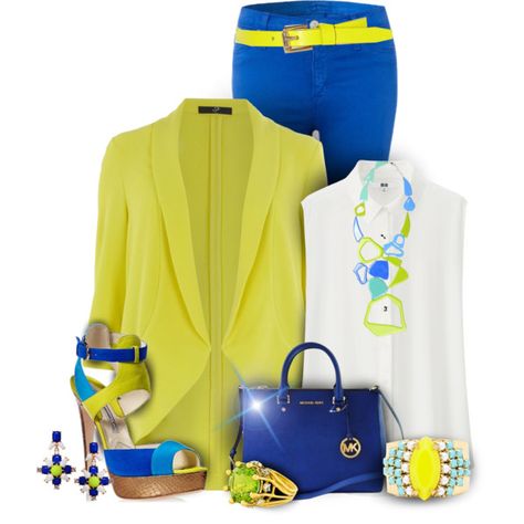 Royal Blue & Lime Green Fashion - Polyvore Lime Green Fashion, Lime Green Blazer, Lime Green Outfits, Green Blazer Outfit, Yellow Dress Outfit, Royal Blue Outfits, Fashion Jeans Outfit, Colour Combinations Fashion, Blue Outfits