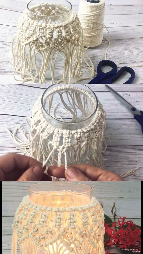 Macrame Candle, Macrame Candle Holder, Home Decor Macrame, Pola Macrame, Diy Kitchen Projects, Idea For Home, Diy Jar Crafts, Mason Jar Crafts Diy, Decor Pillows