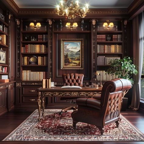 Study Room Desk Ideas, Traditional Study Room, Dream Office Luxury, Room Desk Ideas, Hollywood Regency Interior Design, Unique Buildings Architecture, Traditional Study, Shabby Chic Interior Design, Traditional Home Office