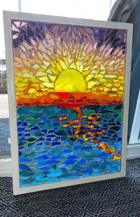 Stained Glass Mosaic Window: Rising Sun Stained Glass Panel - Etsy Mosaic Sunset Ideas, Sun Stained Glass Window, Colorful Grout, Mosaic Sunset, Chb Cabins, Sun Mosaic, Stained Glass Mosaic Window, Mosaic Window, Mosaic Windows