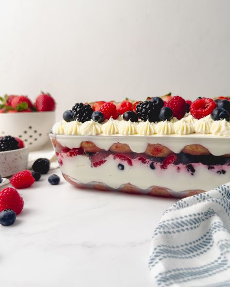 ✨NEW✨ Berry Chantilly Tiramisu Layers of delicate raspberry-soaked ladyfingers, almond-infused mascarpone frosting, and fresh mixed berries. It’s light, creamy, and a sweet summer twist on the classic Italian dessert! 🤍 ✨Recipe is on my website and linked in my profile! #chantilly #berrychantillycake #tiramisu #summerdessert #4thofjulyfood Berry Tiramisu, Berry Chantilly Cake, Crunch Cookies, Cake In A Cone, Mascarpone Frosting, Italian Dessert, Cookie Spread, Tiramisu Recipe, Soft Caramel