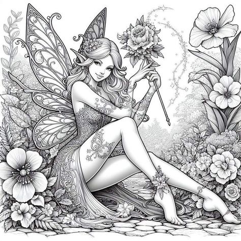 Fae Coloring Pages For Adults, Fairy Colouring Pages, Coloring Games, Adult Coloring Books Printables, Fairy Tattoo Designs, Android Wallpaper Art, Beautiful Butterflies Art, Adult Coloring Designs, Fairy Coloring Pages