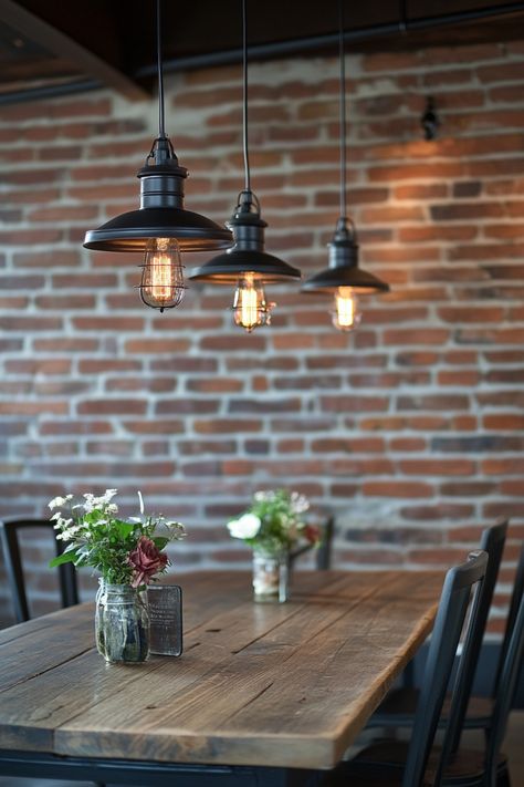 Get the industrial decor look in your home with these 15 tips and ideas. Industrial Office Lighting Ideas, Industrial Accessories, Industrial Farmhouse Decor, Bar Pendant Lights, Industrial Style Lighting, Factory Lighting, Industrial Bar, Bar Design Restaurant, Industrial Farmhouse