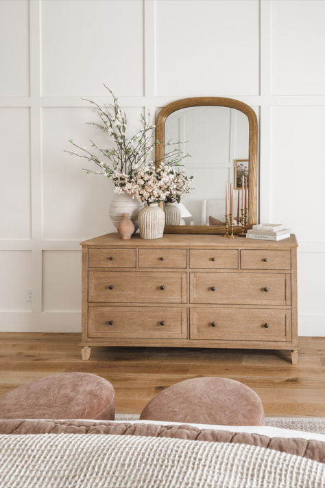 One of the best additions to my bedroom has been this dresser. Shop my dresser along with some great similar finds from Pottery Barn  Home finds, furniture favorites, wooden furniture, Pottery Barn style, sale alert, spring refresh, bedroom refresh, dresser favorites, Memorial Day sale, neutral home, aesthetic finds, neutral wood tones, home aesthetic Dresser Ideas Bedroom, Dresser Decorations, Girls Dresser Decor, Neutral Wood Tones, Charleston Bedroom, Pottery Barn Bedroom, Neutral Home Aesthetic, Style A Dresser, Bedroom Dresser With Mirror