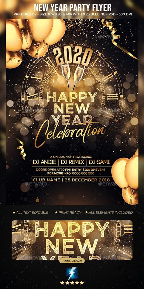 New Year Party Flyer by sparkg | GraphicRiver New Year's Eve Flyer, Event Poster Design Inspiration, New Year Party Flyer, New Year Flyer, New Years Eve Invitations, Business Advertisement, Flyer Printing, Free Flyer Templates, Branding Design Packaging