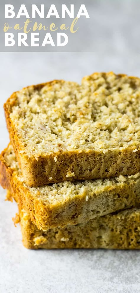 Banana Oatmeal Bread - Deliciously moist and fluffy quick bread that is loaded with bananas and perfectly spiced. The added oats makes this bread chewy! #bananabread #breadrecipes #quickbread Banana Bread With Quick Oats, Banana Bread Oatmeal Bake, 5 Ingredient Banana Oatmeal Bread, Banana Bread Oats, Oat Flower Banana Bread, Banana Oatmeal Bread, Quick Oat Recipes, Vegan Curries, Banana Oat Bread