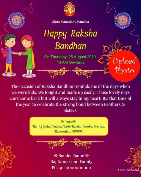 just select the card enter all the details and then click on save and download button Invitation Card Maker, Happy Rakhi, House Warming Invitations, Calligraphy For Beginners, Invitation Video, Wedding Indian, Happy Rakshabandhan, Create Invitations, Raksha Bandhan