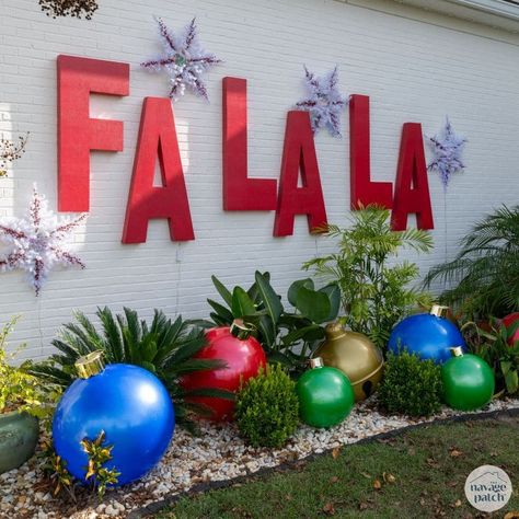 DIY Jumbo FA LA LA Letters | Falala sign | Outdoor Christmas decorations ideas | Christmas yard installation | Jumbo fa la la sign | Christmas yard decorations diy | Oversize Christmas decor | How to decorate front yard for Christmas | #TheNavagePatch #Christmas #ChristmasDecorations | TheNavagePatch.com Holliball Yard, Falala Christmas Decor, Giant Snowman Diy Outdoor, Fa Lalalala Sign, Giant Outdoor Christmas Tree, Giant Christmas Card For Yard, Giant Christmas Present Decoration, Classic Christmas Yard Decorations, Diy Christmas Trees Outdoor