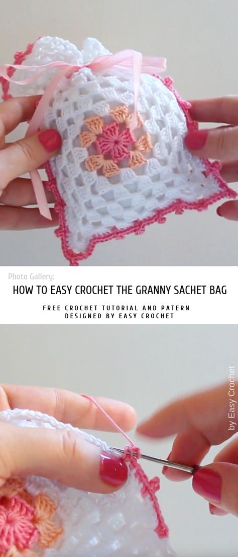 How to Easy Crochet the Granny Sachet Bag | Pattern Center Crochet Drawstring Bags, Crochet Patterns Bag, Crochet Sachet, Crochet Lavender, Crochet Drawstring Bag, Crochet Drawstring, Crochet Purse Pattern Free, Potli Bag, Bag Pattern Free