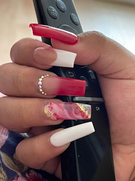 White N Red Nails, Pink Nails With Red Bottoms, Red White And Gold Nails Acrylic, Trendy Nails Red And White, Red White And Gold Marble Nails, Red And White Nails Coffin, Milky White And Red Nails, Red White Marble Nails, Red And White Nails French Tip