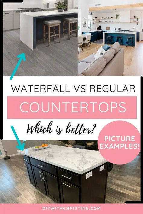 Waterfall Countertop Peninsula, Waterfall Edge Countertop, Waterfall Kitchen Countertop, Kitchen Island Waterfall Edge, Waterfall Countertop Island, Quarts Counter Tops, Waterfall Kitchen Island, Dinning Nook, Small U Shaped Kitchen