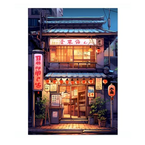 This vibrant anime-style poster depicts a traditional Japanese ramen shop illuminated by warm lanterns against the night sky. The cozy restaurant setting, intricate details, and rich colours evoke an inviting nightlife ambiance. Perfect for fans of Japanese culture, this illustration captures the essence of a bustling street in Japan, making it an eye-catching addition to any wall. Japanese Ramen Shop, Night Cartoon, Restaurant Setting, Pixel Art Landscape, Ramen Restaurant, Cozy Restaurant, Ramen Shop, Japanese Ramen, Wooden Painting