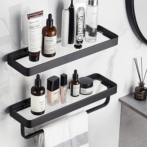 AmazonSmile: Bathroom Wall Shelf Black 15.7 in Glass Shelf for Bathroom Floating Shelf with Towel Holder Glass Shower Shelf 2 Tier : Tools & Home Improvement Bathroom Floating Shelf, Glass Shower Shelves, Float Shelf, Black Wall Shelves, Glass Bathroom Shelves, Glass Shelves In Bathroom, Wand Organizer, Wall Mounted Towel Rack, Bathroom Wall Shelves