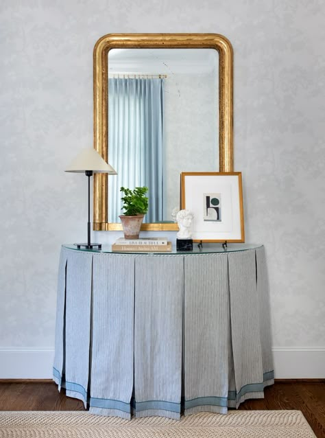 Demilune Table Foyer, Chair Slipcovers Dining, Skirted Table Entryway, Skirted Table Living Room, Console Table Skirt, Skirted Entry Table, Half Moon Table Decor Ideas, Skirted Console Table, Mirror Over Table