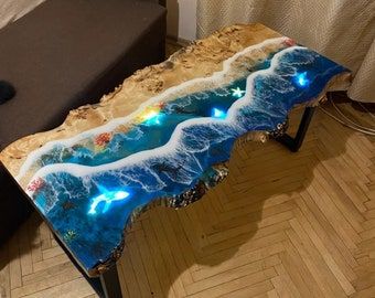 Ocean Table Glowing in the Dark Glow-in-the-dark Resin Art | Etsy Canada Resin Art Table, Glowing Sea, Ocean Table, Resin Tables, Wood Resin Table, Glowing In The Dark, River Tables, Dining Sofa, Custom Coffee Table