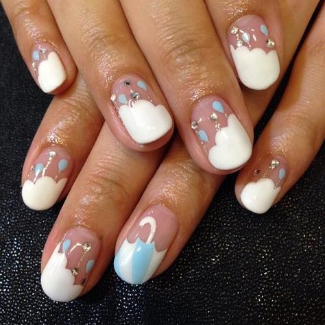 Rain Nails, Raindrop Nails, April Nails, Rain Design, French Nail Art, Rain Clouds, Flower Nail Art, Spring Design, April Showers