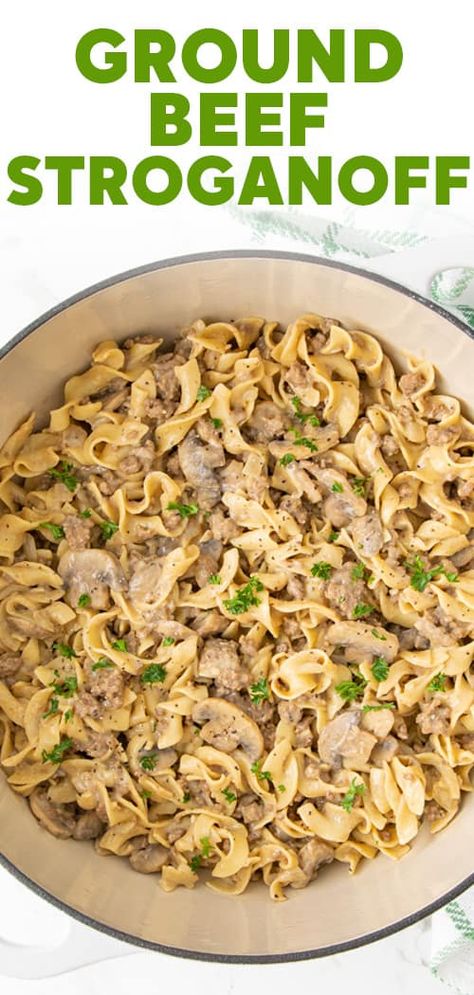 This quick and easy ground beef stroganoff with mushrooms in a delicious sauce is cooked in one pot for easy cleanup! Beef Stroganoff Without Mushrooms, Stroganoff Without Mushrooms, Beef Stroganoff With Mushrooms, Beef Mushroom Stroganoff, Easy Ground Beef Stroganoff, Hamburger Stroganoff, Beef Stroganoff Easy, Ground Beef Stroganoff, Easy Ground Beef