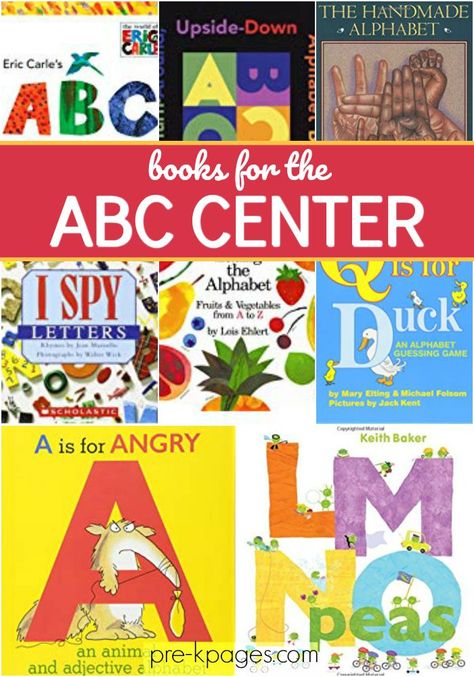 ABC center books to read. Best alphabet center books for Pre-K and Kindergarten. Early literacy book list for preschool and pre-k about letters and alphabet 3k Classroom, Prek Books, Joy School, Teach Numbers, Daycare Curriculum, Prek Literacy, Abc Centers, Literacy Activities Preschool, Alphabet Centers