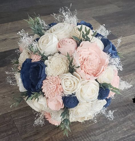 Navy blue and blush sola bouquet, pink and blue bridal bouquet by MyDinosaurDreams on Etsy Wedding Bouquet With Navy Blue, Pink And Navy Flower Bouquet, Navy Pink Bouquet, Navy Blue And Blush Pink Bridesmaid Bouquet, Navy Blue Pink And White Wedding, Blush Pink And Navy Blue Wedding Flowers, Navy Blue And Pink Bouquet, Navy Blue And Blush Pink Rustic Wedding, Navy And Blush Bouquet