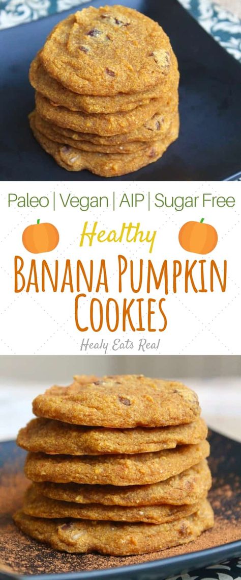 Healthy Banana Pumpkin Cookies (AIP, Paleo, Vegan, Sugar Free) Banana Pumpkin Cookies, Resepi Biskut, Aip Desserts, Pumpkin Cookie Recipe, Desserts Cookies, Paleo Cookies, Cookies Ideas, Pumpkin Banana, Paleo Sweets