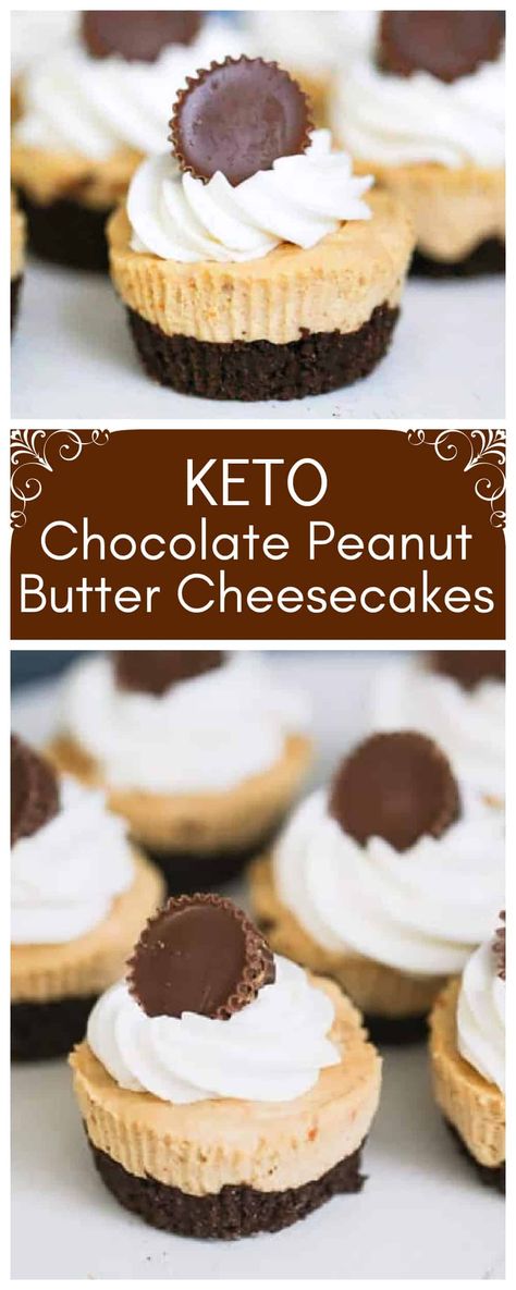 Keto Mini Chocolate Peanut Butter Cheesecakes - Keto Mini Chocolate Peanut Butter Cheesecakes are for those who revel in the tasty bites of peanut butter and chocolate together in luscious cheesecake in low-carb form.  #glutenfree #cheesecake #ketocheesecake #ketodesserts #keto #peanutbutter #chocolate #peanutbutterandchocolate #lowcarbdessert #sugarfreedessert #peanutbuttercupcheesecake Keto Peanut Butter Cheesecake Bites, Low Carb Cheesecake Cups, Low Carb Peanut Butter Cheesecake, Keto Peanut Butter Dessert, Keto Peanut Butter Cheesecake, Keto Cheesecakes, Peanut Butter Cup Cheesecake, Low Sugar Diet Recipes, Peanut Butter Dessert Recipes