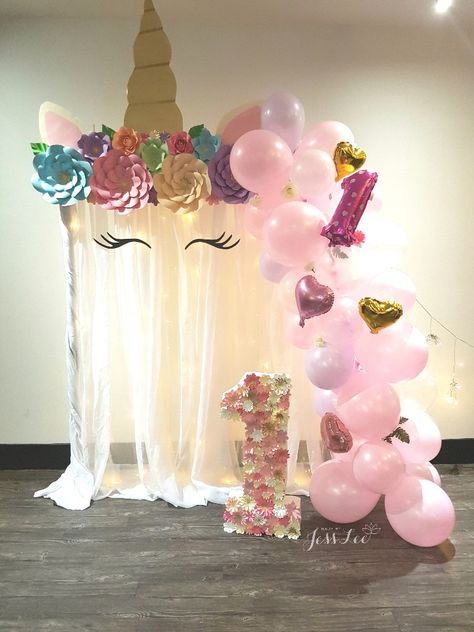 Unicorn set-up for a special first birthday party Unicorn Set Up Ideas, Unicorn Birthday Party One Year Old, Unicorn First Birthday Party Ideas, Unicorn Birthday Party Backdrop, Unicorn 1st Birthday Party, Unicorn First Birthday Party, 1st Birthday Theme, Unicorn 1st Birthday, Unicorn First Birthday