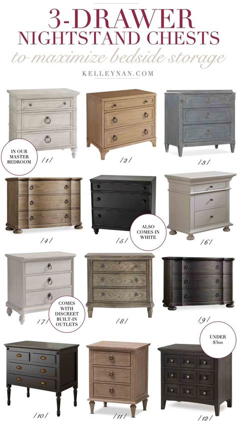 Favorite bachelor's chest three drawer nightstands to maximize bedroom storage. #bedroomdecor #nightstand #bedroomideas Chest Nightstand Bedside Tables, Bedroom Dressers As Nightstands, Nightstands 2022, Bachelors Chest As Nightstand, Modern Traditional Guest Bedroom, Extra Large Nightstand, Side Dressers Night Stands Bedrooms, Bachelors Chest Nightstand, Gray And Natural Wood Bedroom