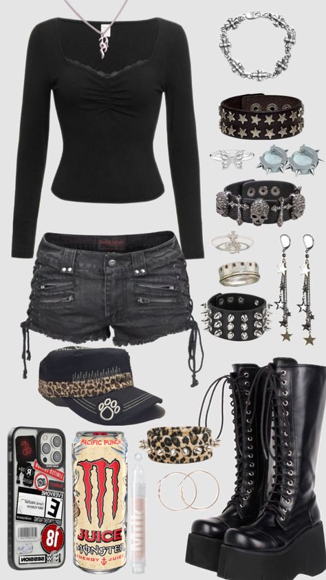 Emo Summer, Gothic Outfit, Outfit Shorts, 2000s Clothes, Alt Outfits, Downtown Outfits, Outfit Layout, Baggy Clothes, Punk Outfits