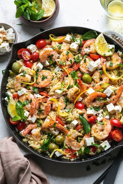 One Pot Orzo With Shrimp And Feta, Lentil And Shrimp Recipes, Chicken And Shrimp Orzo, Shrimp Feta Orzo, Garlic Orzo Tuscan Shrimp, Mediterranean Recipes Shrimp, Shrimp Orzo Recipes Feta, Greek Shrimp With Orzo And Feta, Shrimp Mediterranean Recipes