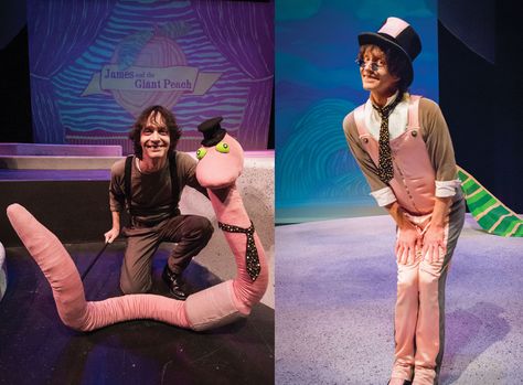 Bobby Wyckoff as Earthworm, before and after crocodile tongues! Everlasting Gobstopper Costume, Earthworm Costume, Centipede James And The Giant Peach, James And The Giant Peach Puppets, Earthworm Dissection, James And The Giant Peach Costume, Luke Collins, Theatre Diy, Earthworm Jim