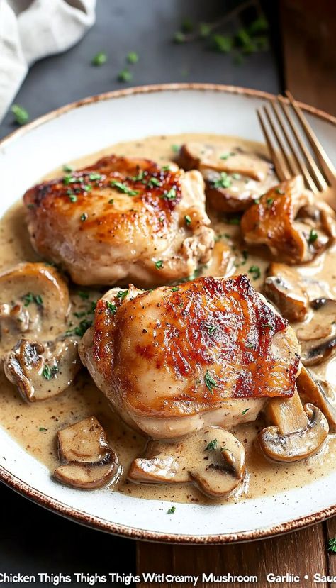 Elevate your dinner with this savory recipe! Chicken Thighs With Creamy Mushroom Garlic Sauce features juicy thighs enveloped in a creamy, garlic-infused sauce that’s sure to impress! 🥗🧄 Recipe Chicken Thighs, Mushroom Garlic, Chicken Thighs Mushrooms, Cream Sauce For Chicken, Savory Recipe, Garlic Cream Sauce, Healthy Food Inspiration, Creamy Mushrooms, Recipe Chicken