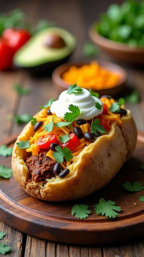 Taco Stuffed Baked Potatoes Taco Baked Potato, Potatoes Ground Beef, Stuffed Baked Potatoes, Hearty Casseroles, Bonfire Night, Best Side Dishes, Baked Potatoes, Stir Fries, Vegetarian Options