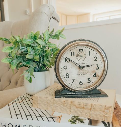 Farmhouse style decor. Vintage alarm clock. Decorating With Clocks, Modern Farmhouse Decor Ideas, Fixer Upper Inspired, Sarah Joy, Small Clock, Vintage Alarm Clocks, Vintage Farmhouse Style, Cozy Couch, Farmhouse Style Decor